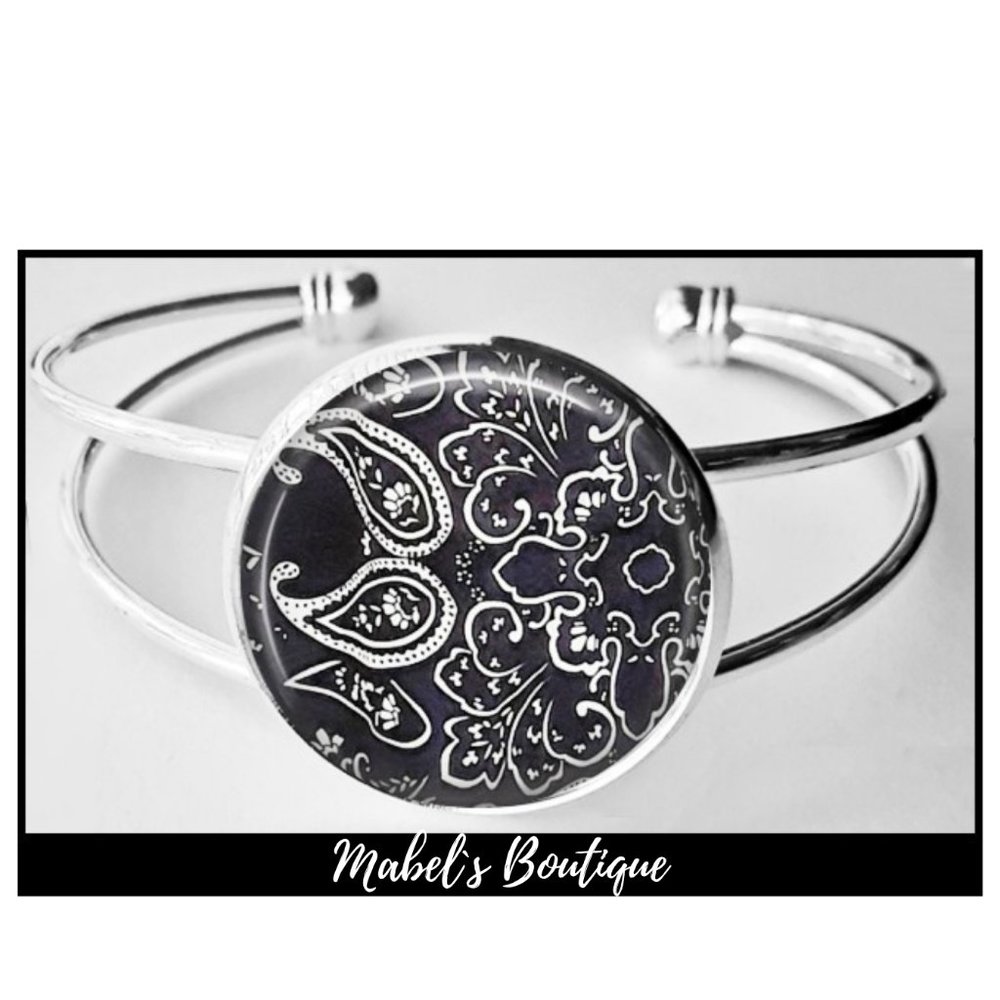 Navy Paisley Print Cuff Bangle Bracelet